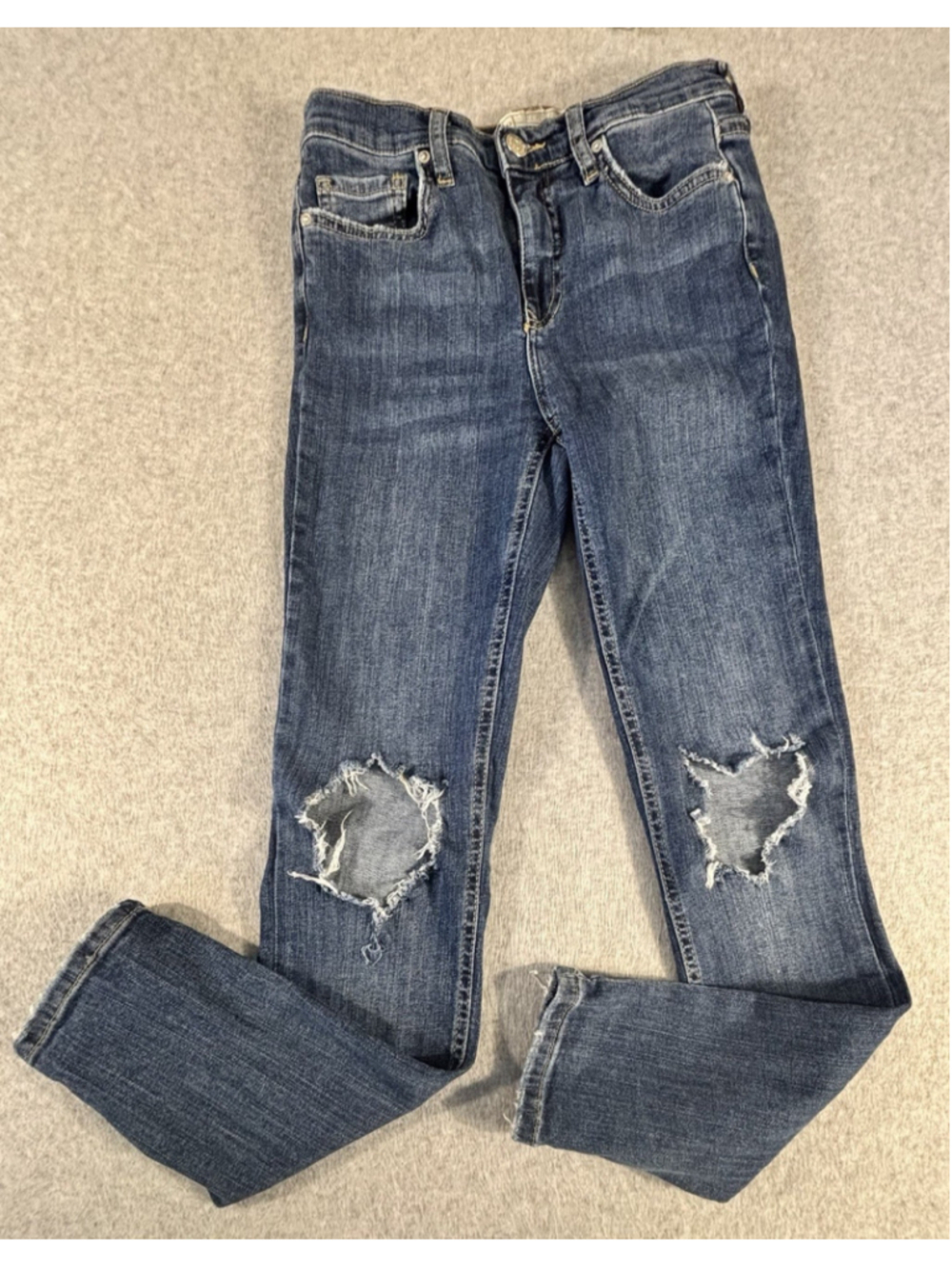 Free People Women’s Distressed Skinny Jeans Blue Denim Size 26 Stretch Raw Knee